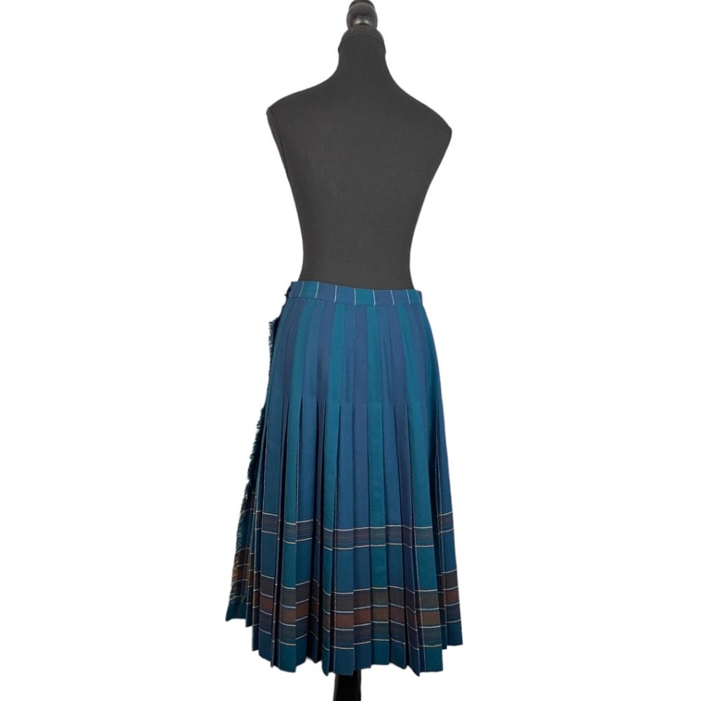 Vintage Blue Teal Striped Pleated A-Line Skirt - Picture 3 of 10